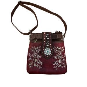 BHW Res Rhinestone Floral Crossbody Purse Red Brown Jeweled